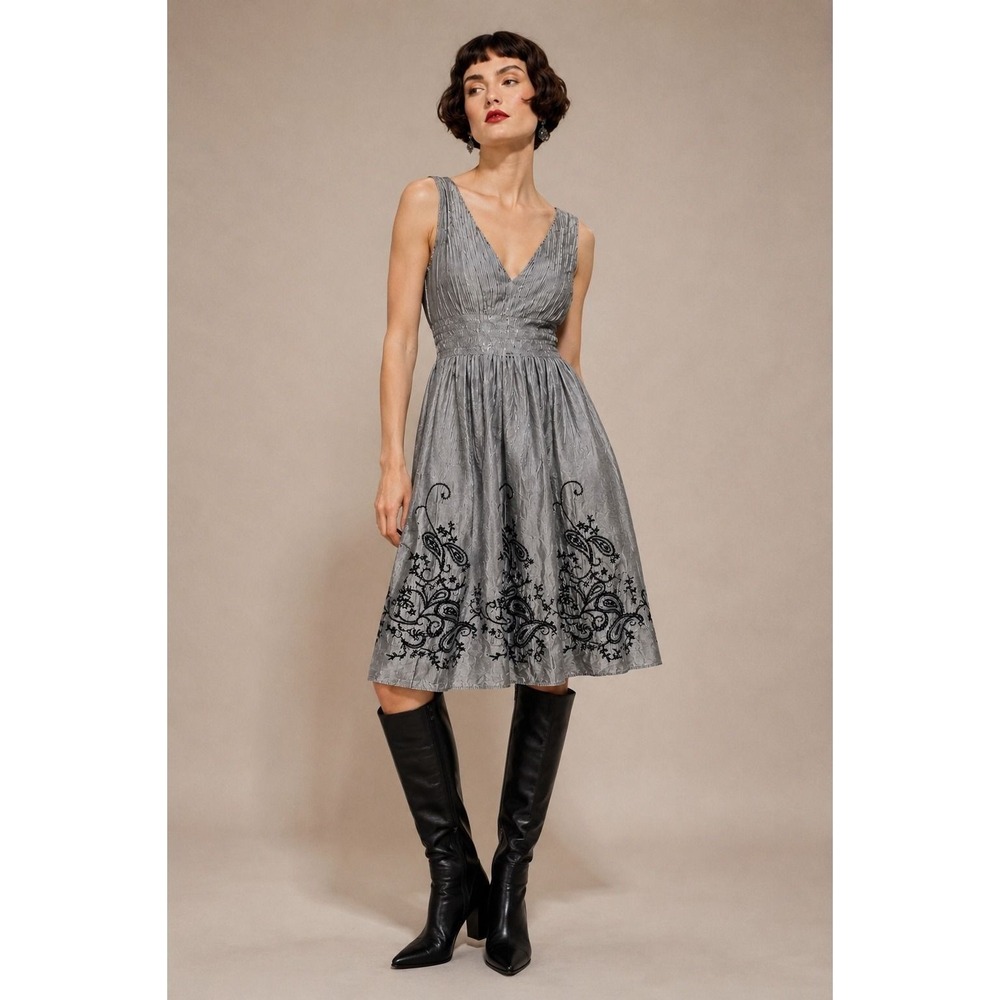Lapis Textured Embroidered Dress S Gray Black Boho Lagenlook Soft Grunge